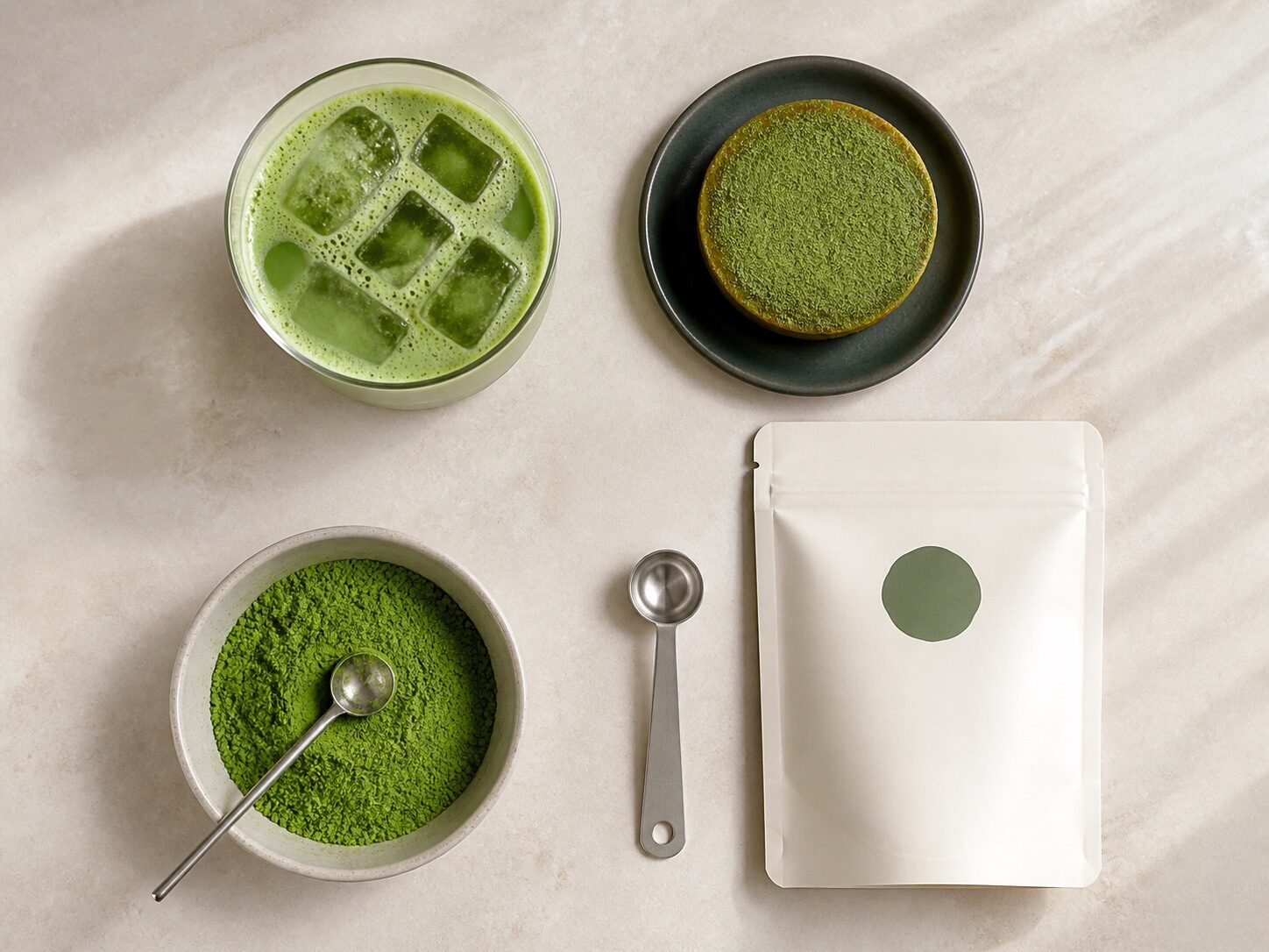 Matcha latte, pastry, matcha powder and an unbranded retail pouch arranged for commercial applications